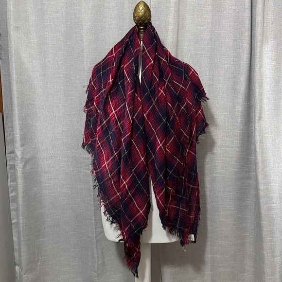 New Unused Francesca’s Brand Scarf-Plaid-Red/Navy/Yellow-Raw Edge Fringe - Picture 5 of 9